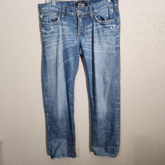 Lucky Brand Jeans Mens 32x30 Blue Distressed Riley Jean Made USA Straight Leg - Picture 1 of 16
